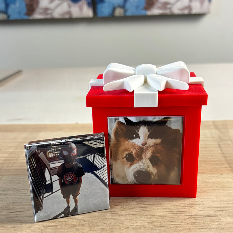 Red Keepsake Box with a dog photo magnet and magnets beside it