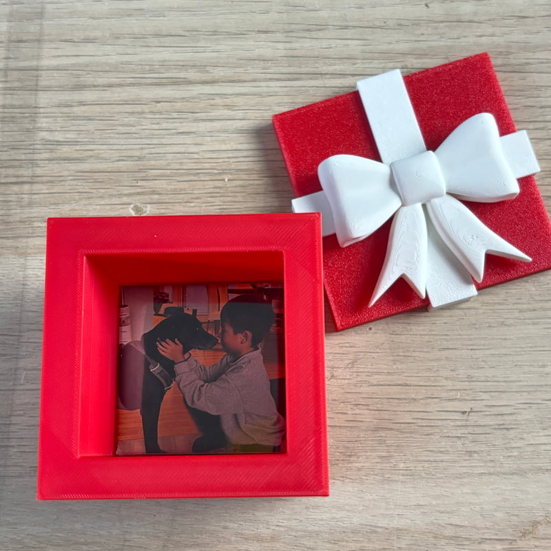 Red Keepsake Box base with a photo magnet inside and the lid beside it