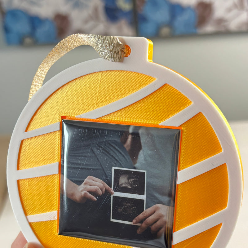 Gold Keepsake Ornament with an ultrasound photo magnet
