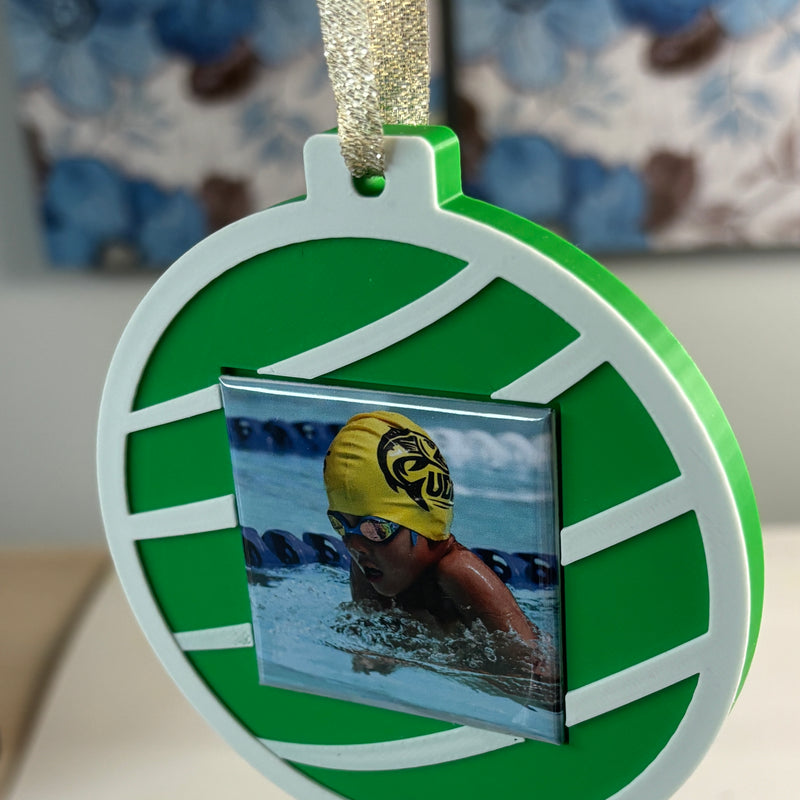 Green Keepsake Ornament with a swimming photo magnet